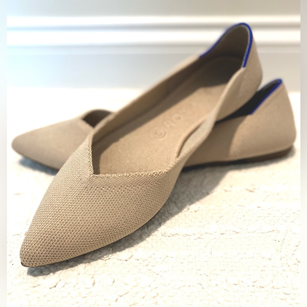 Rothy's Pointed D'Orsay Flats in Beige with Blue Trim